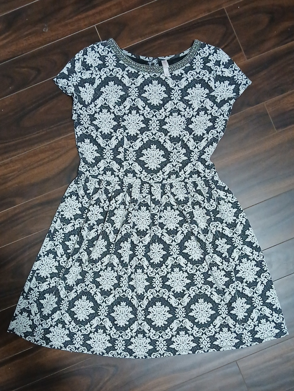 Xhilaration Black and White Patterned Short-Sleeve Fit-and-Flare Dress